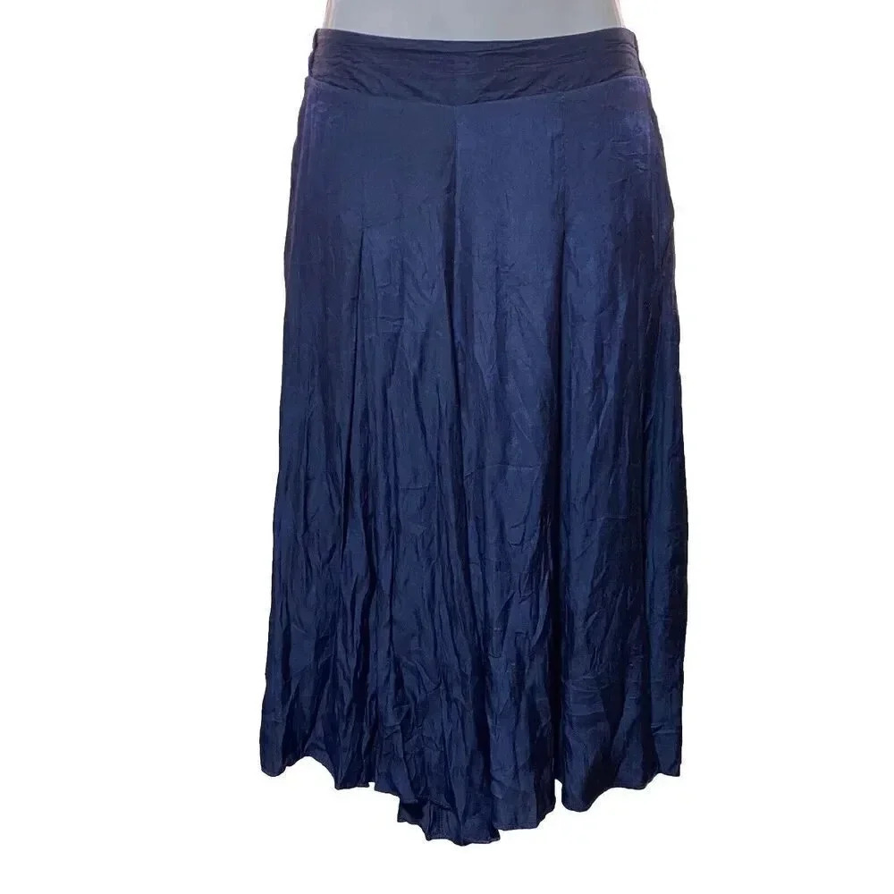 VTG Y2K Silky Belly Button Pants Navy Blue Super Wide Leg Stretch Waist Pocket S